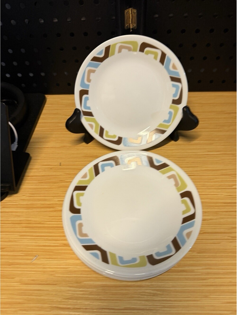 Corelle SQUARED Bread Dessert Plates Blue Green Brown EUC 6.75" - SET OF 7